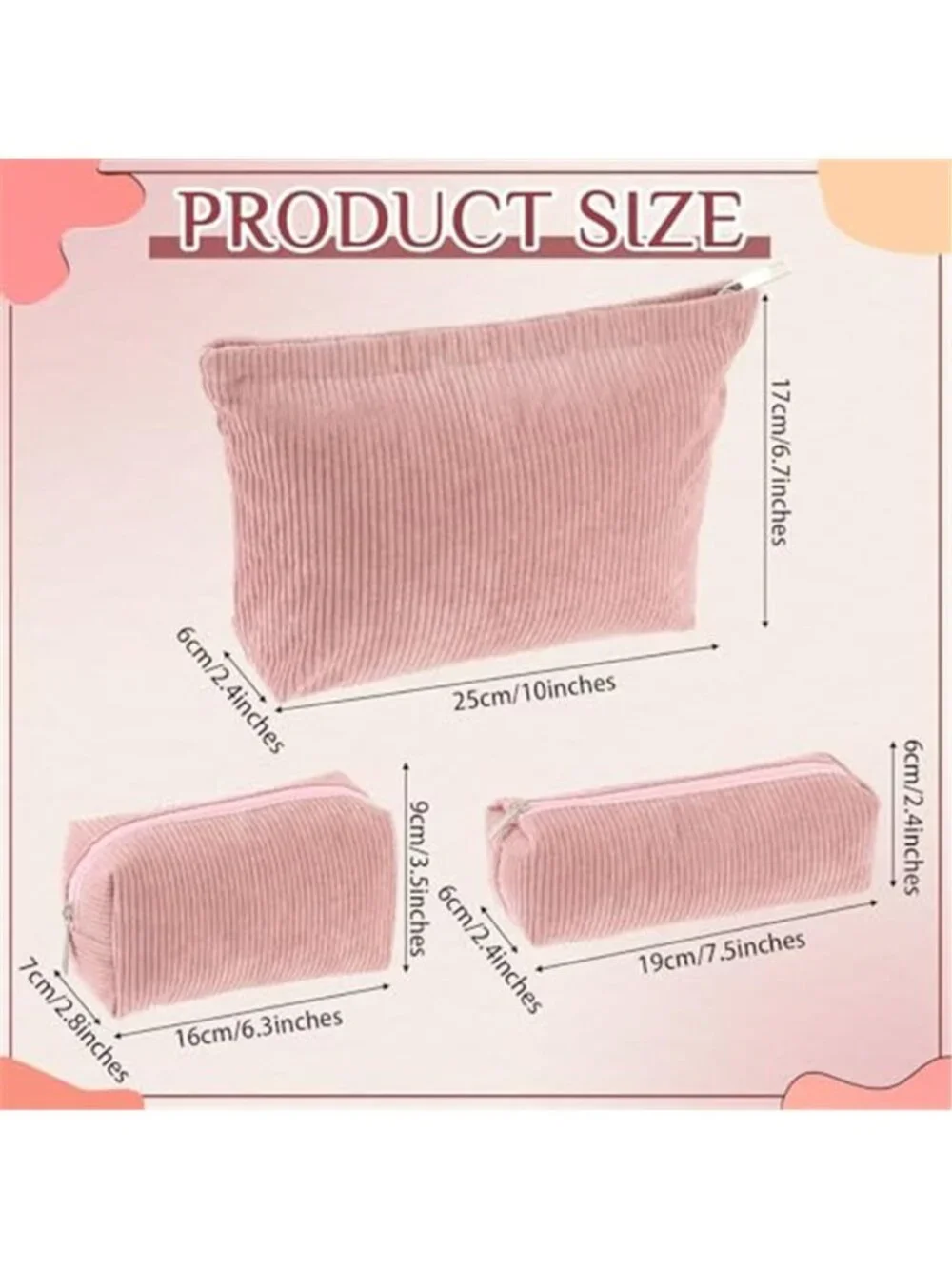 3 Pcs Corduroy Makeup Bag Set for Women Cute Pencil Case, Pink;Solid